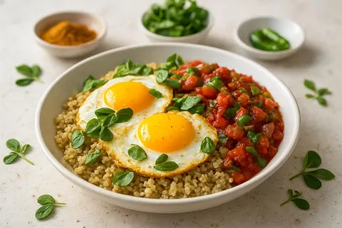 Savory Methi Egg & Quinoa Breakfast Bowl with Spiced Tomato Salsa