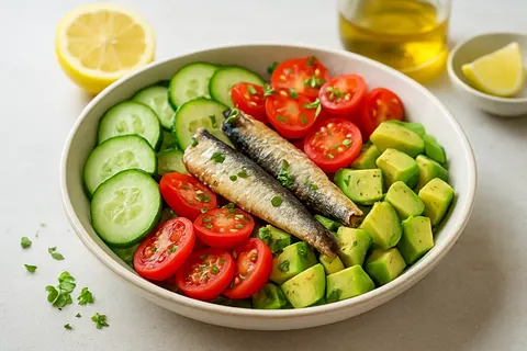 Avocado, Sardine & Tomato Cucumber Bowl with Lemon Dressing