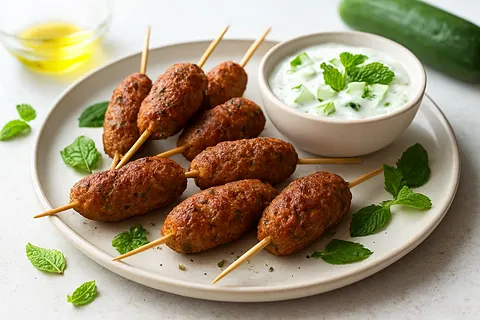 Spiced Lamb Köfte Mini Skewers with Minted Cacık-Style Dip