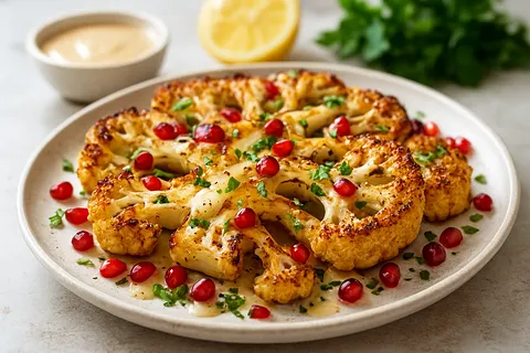 Roasted Cauliflower Steaks with Tahini and Pomegranate