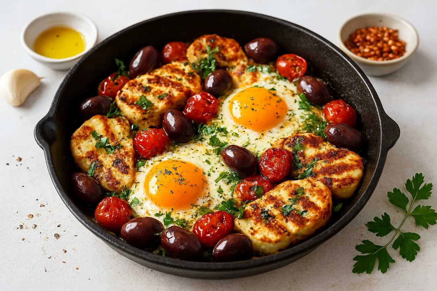 Mediterranean Egg & Halloumi Breakfast Skillet with Olives and Za'atar