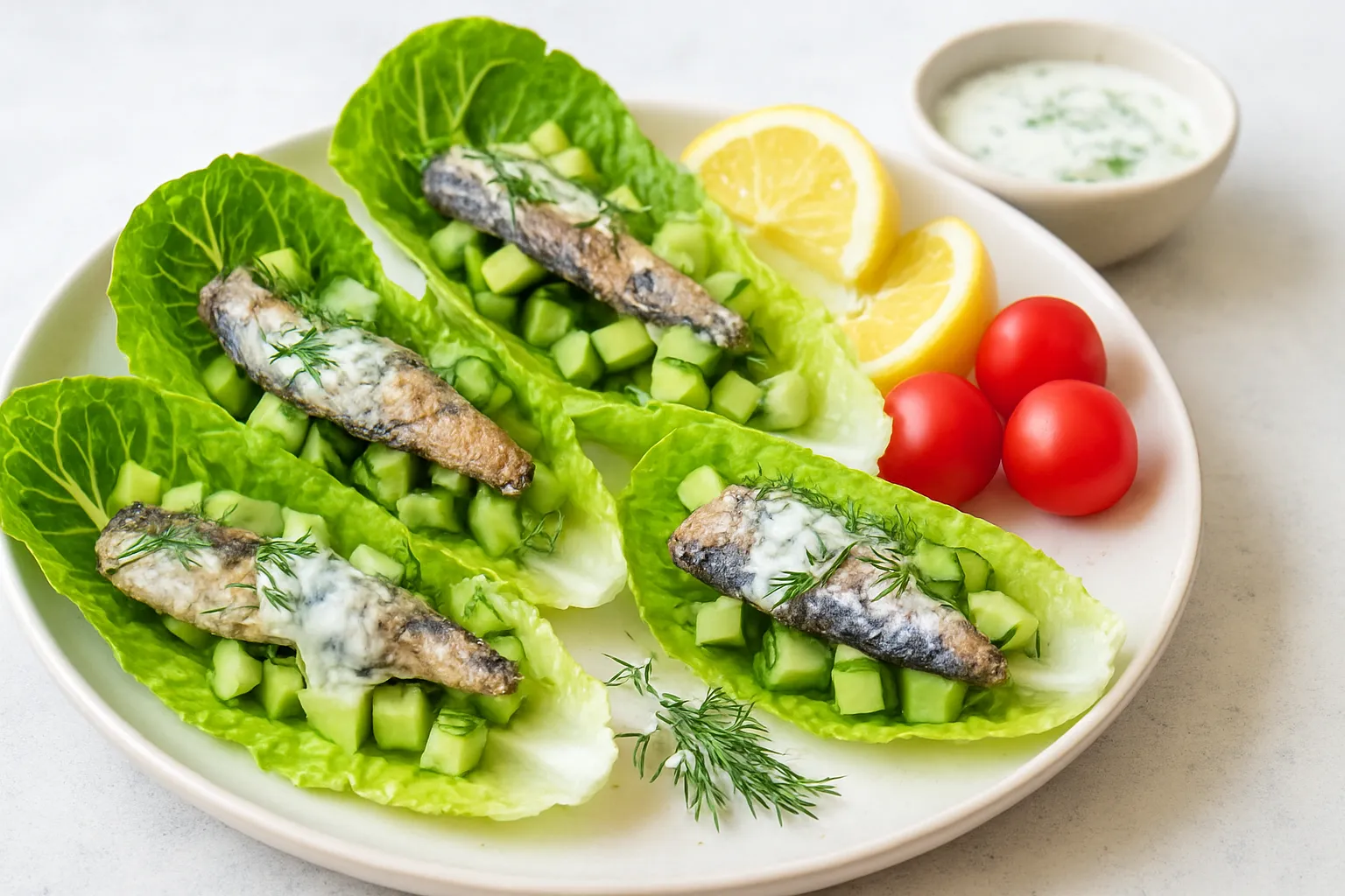 Sardine & Cucumber Lettuce Boats with Lemon-Dill Sauce