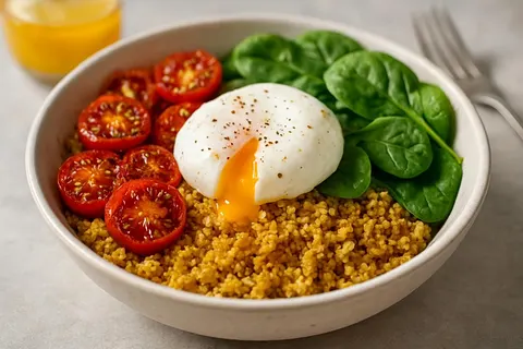 Savory Spiced Quinoa Breakfast Bowl with Poached Egg & Roasted Tomatoes