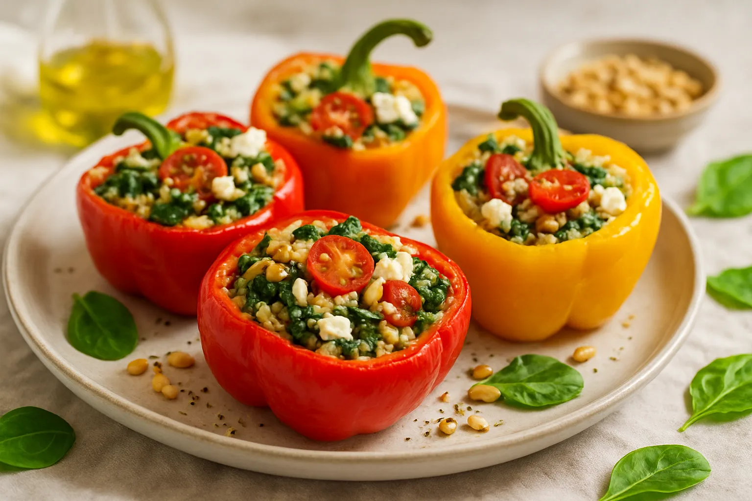 Mediterranean Quinoa Stuffed Peppers with Spinach & Feta