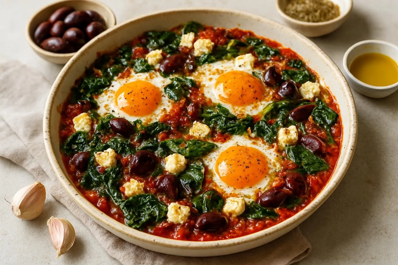 Mediterranean Baked Eggs with Feta, Spinach & Olive Tapenade