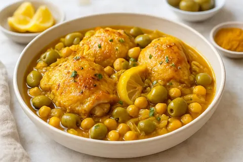 Saffron Chicken Tagine with Preserved Lemon, Green Olives and Chickpeas