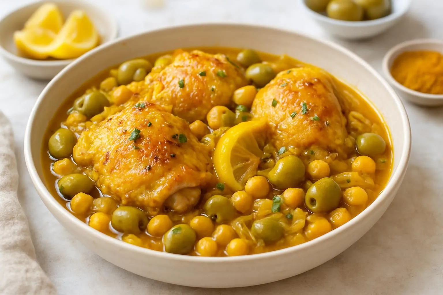 Saffron Chicken Tagine with Preserved Lemon, Green Olives and Chickpeas