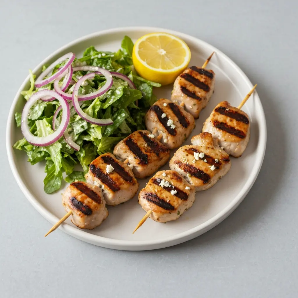 Greek Lemon-Oregano Turkey Kebabs with Village Salad