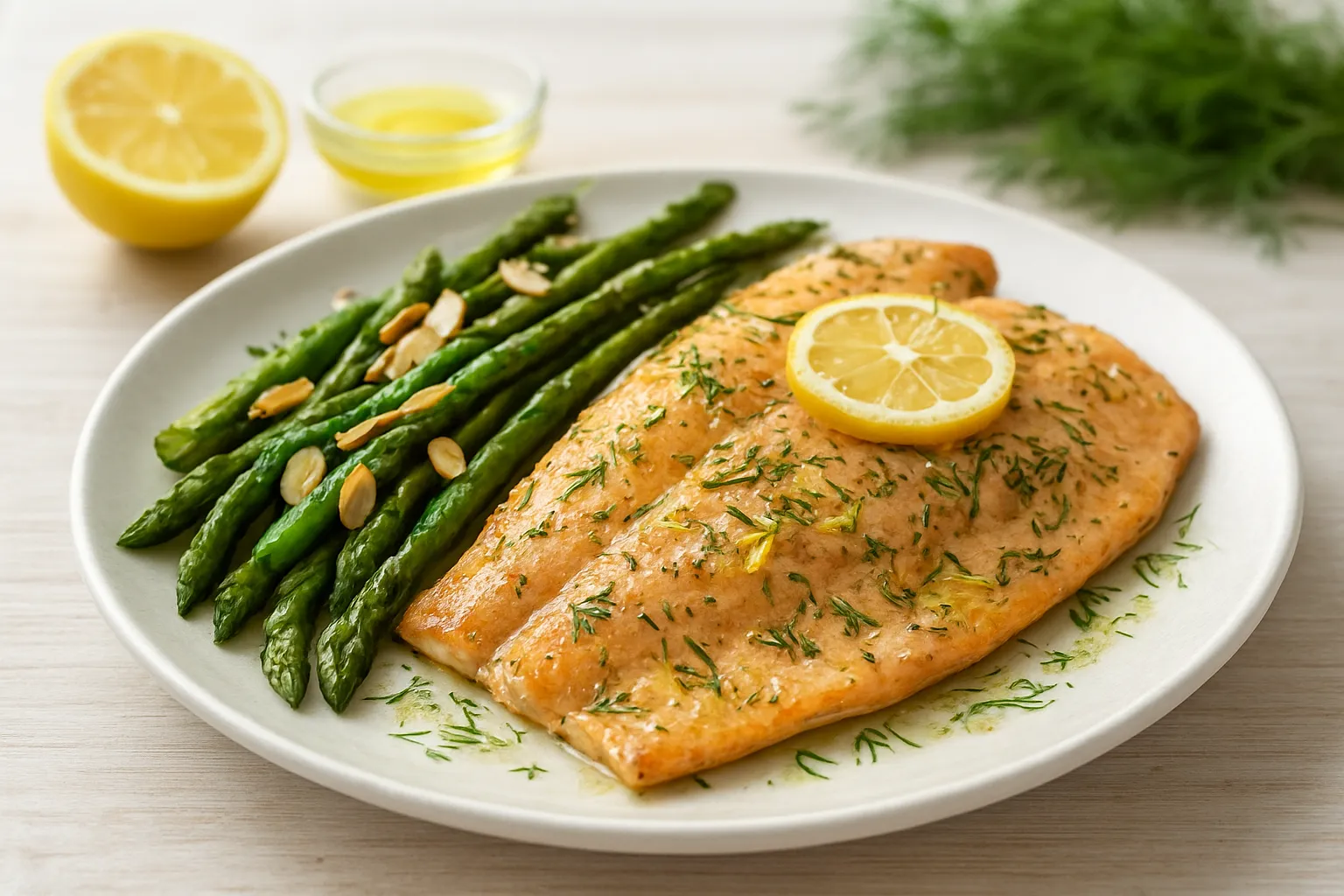 Lemon-Dill Baked Trout with Asparagus and Almonds