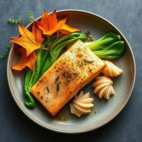 Saffron-Mace Pan-Roasted Salmon with Sautéed Bok Choy