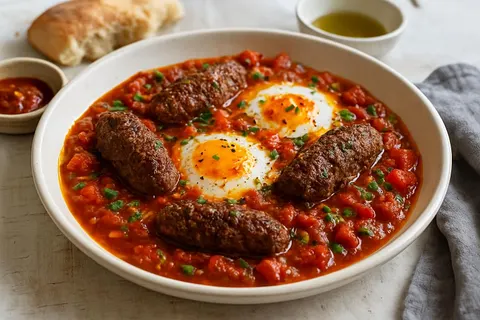 Levantine Lamb Kofta Shakshuka with Poached Eggs and Harissa