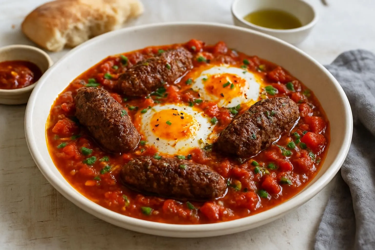 Levantine Lamb Kofta Shakshuka with Poached Eggs and Harissa
