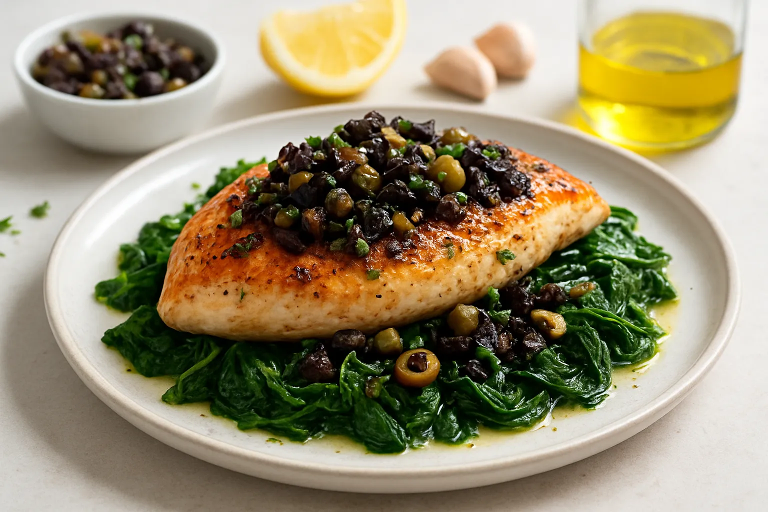 Mediterranean Chicken with Olive Tapenade over Wilted Spinach