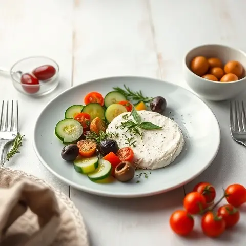 Greek Mezze Plate: Labneh, Olives, Cucumber, and Cherry Tomatoes