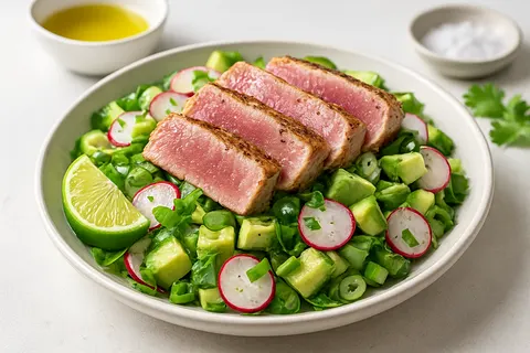 Zesty Radish and Avocado Salad topped with Seared Tuna