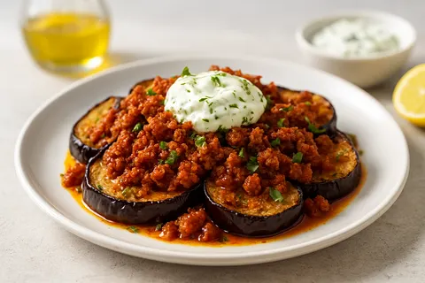 Mediterranean Baked Eggplant & Lamb with Herbed Yogurt