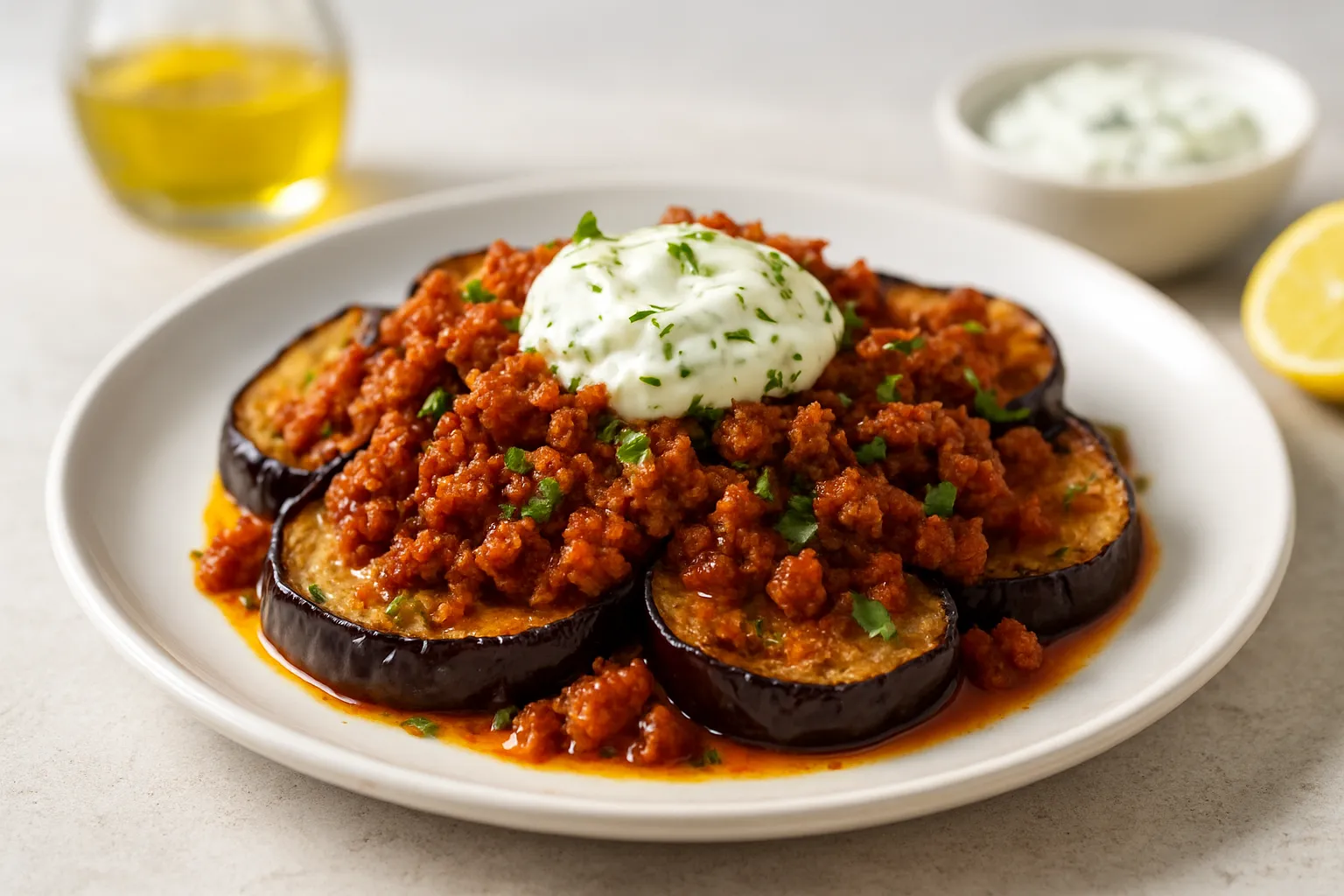 Mediterranean Baked Eggplant & Lamb with Herbed Yogurt