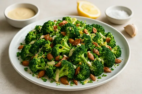 Broccoli, Almond & Lemon Zest Salad with Tahini Drizzle