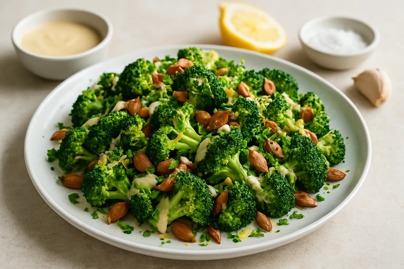 Broccoli, Almond & Lemon Zest Salad with Tahini Drizzle