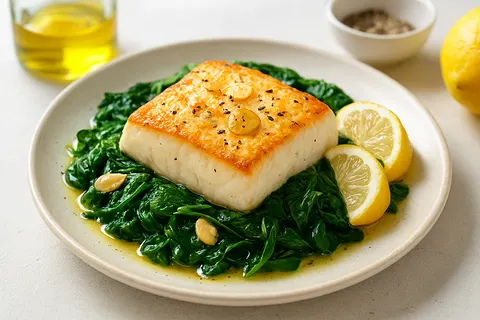 Garlic-Lemon Halibut with Wilted Spinach