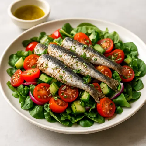 Mediterranean Sardine Panzanella Salad over Greens