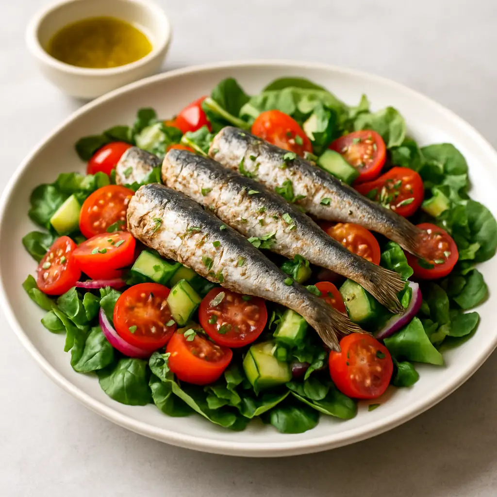 Mediterranean Sardine Panzanella Salad over Greens