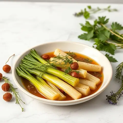 Bone Broth Braised Leeks with Fresh Herbs