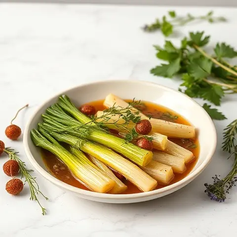 Bone Broth Braised Leeks with Fresh Herbs