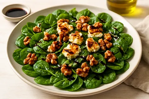 Spinach, Walnut & Warm Goat Cheese Crouton-Free Salad with Balsamic Reduction