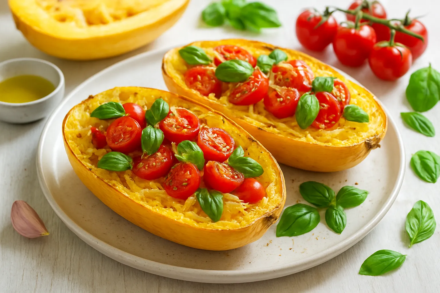 Spaghetti Squash Breakfast Boats with Tomato and Basil