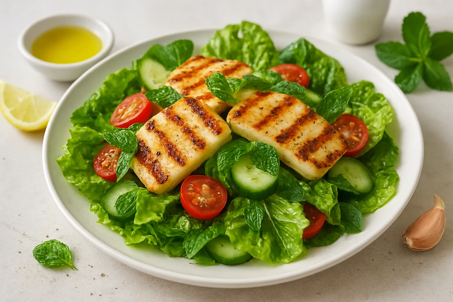 Grilled Halloumi & Romaine Salad with Mint