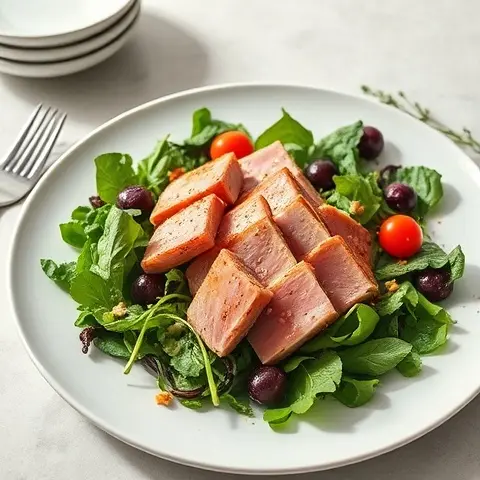 Lemon-Garlic Seared Tuna Salad over Greens