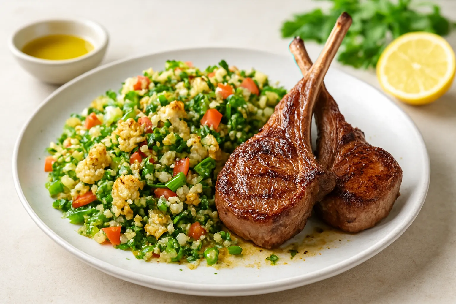 Roasted Cauliflower Tabbouleh with Grilled Lamb Chops