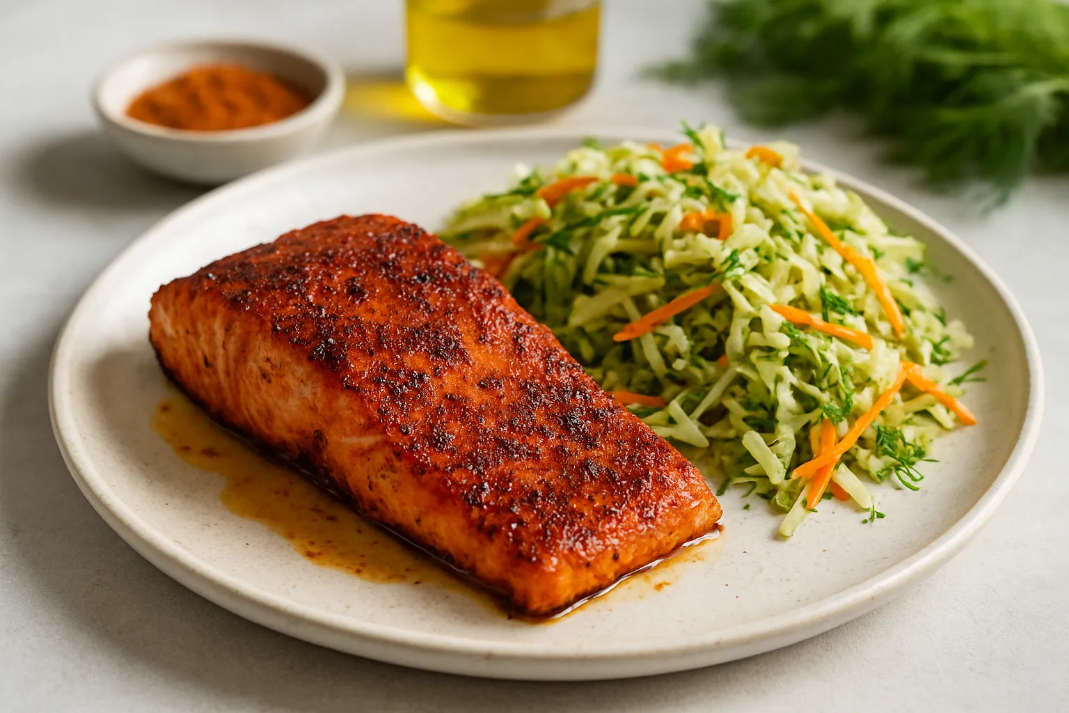 Kashmiri Chili-Spiced Baked Salmon with Yogurt-Free Dill Slaw