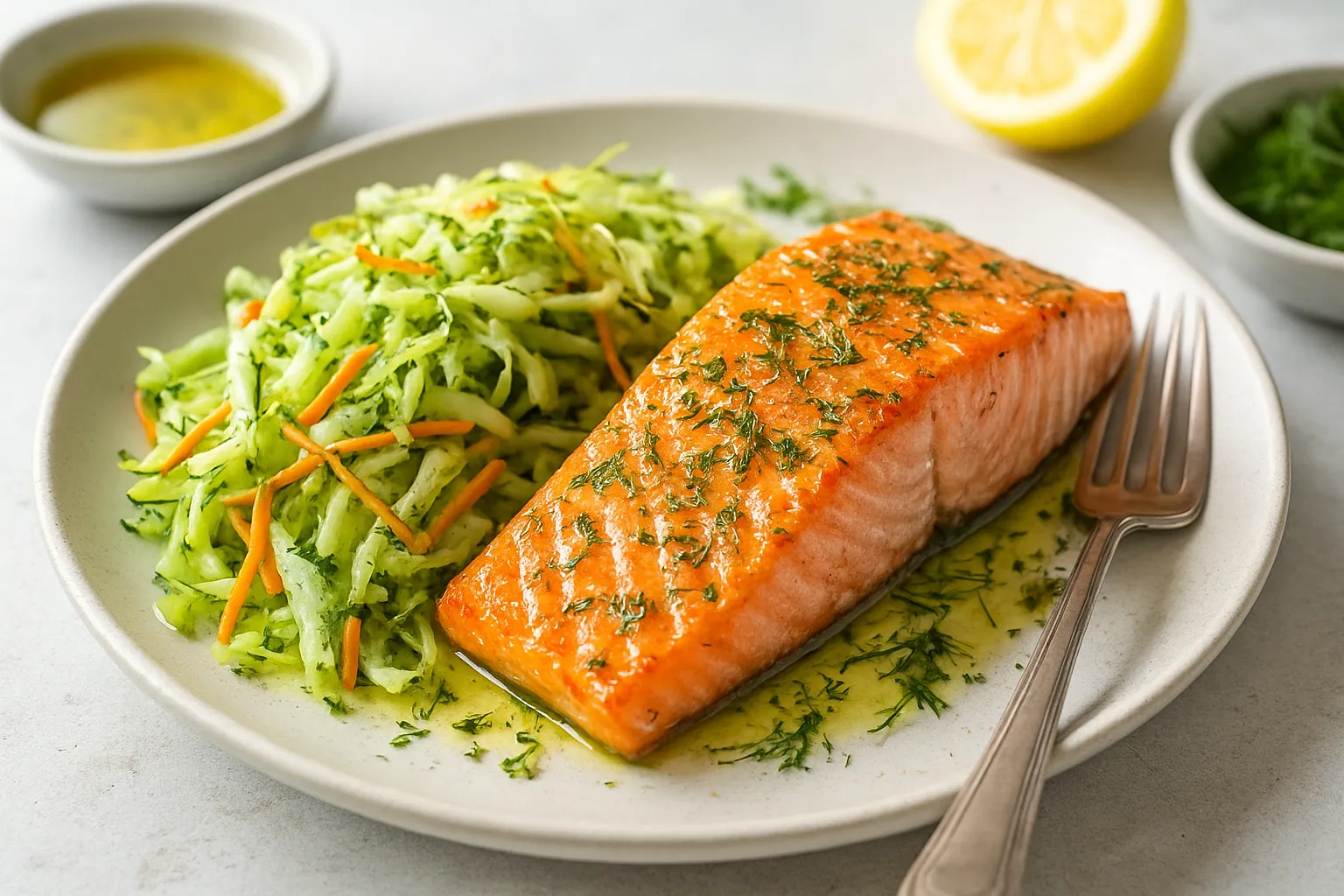 Salmon & Shredded Cabbage Slaw with Dill Oil