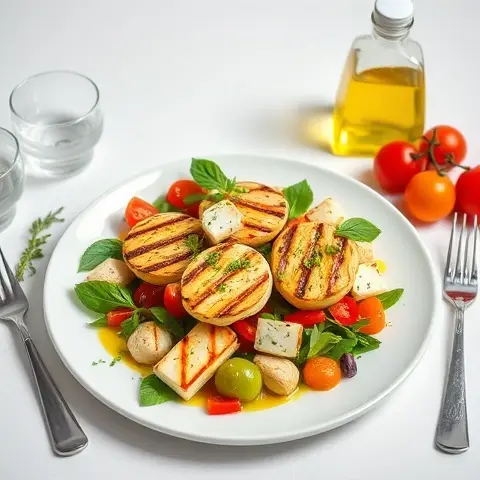 Grilled Halloumi Greek Salad with Lemon-Olive Oil