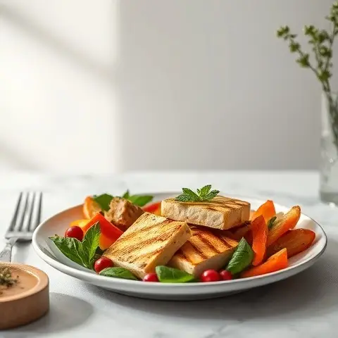 Lemon-Tahini Grilled Paneer with Roasted Mediterranean Vegetables