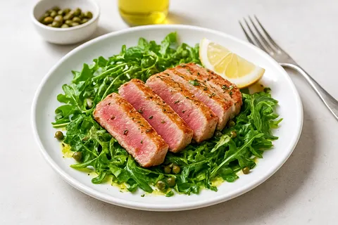 Seared Tuna Steak with Arugula & Lemon-Caper Dressing