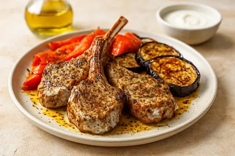 Yogurt-Marinated Turkish Lamb Chops with Roasted Pepper and Eggplant