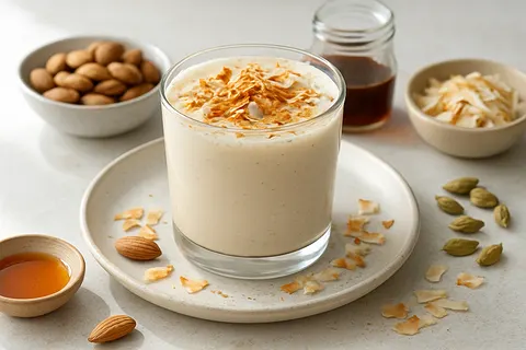 Cardamom-Kefir-Style Almond Drink with Toasted Coconut
