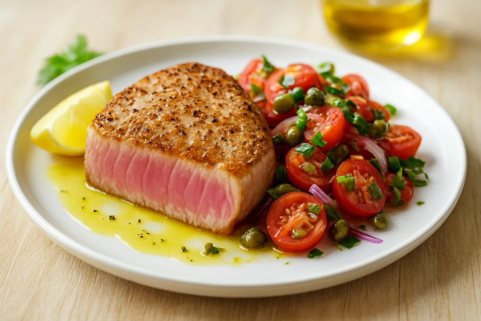 Seared Tuna Steak with Tomato-Caper Salad