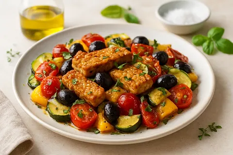 Tempeh Mediterranean Bake with Olives and Tomato