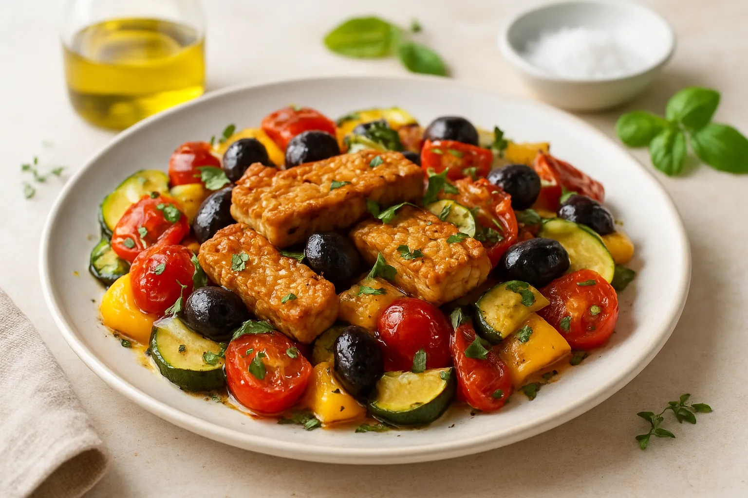 Tempeh Mediterranean Bake with Olives and Tomato