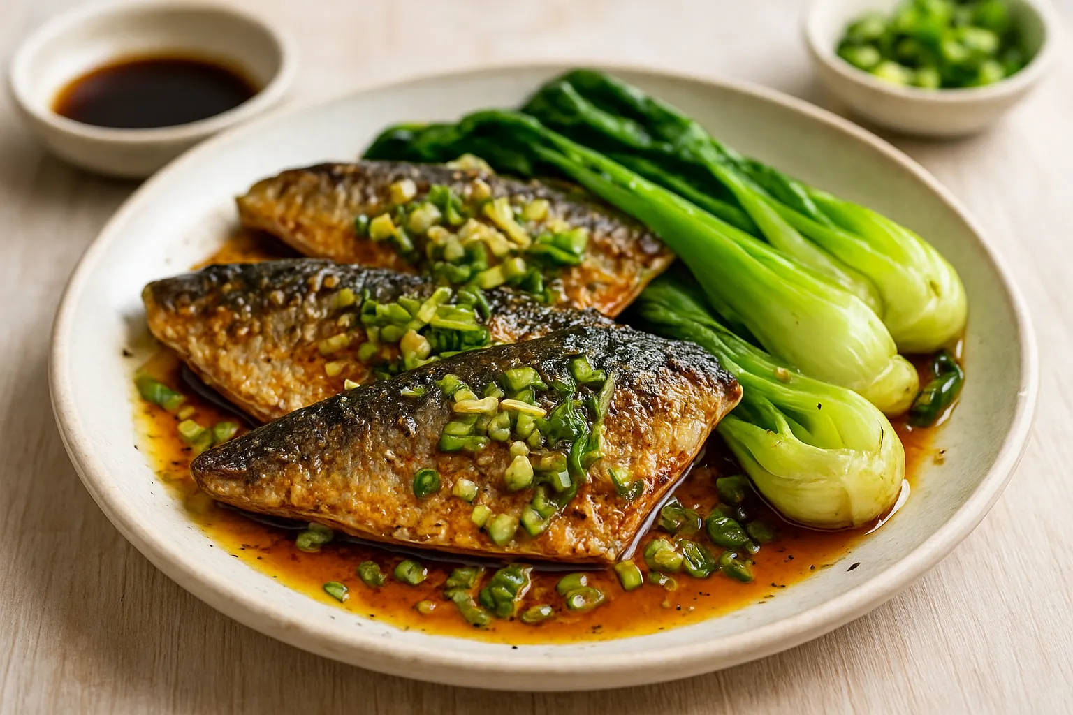Ginger-Scallion Mackerel with Bok Choy