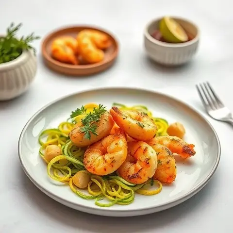 Coconut Ginger Grilled Prawns with Turmeric Zucchini Ribbons