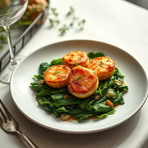 Mughal-Inspired Cardamom-Coriander Seared Scallops with Braised Chard
