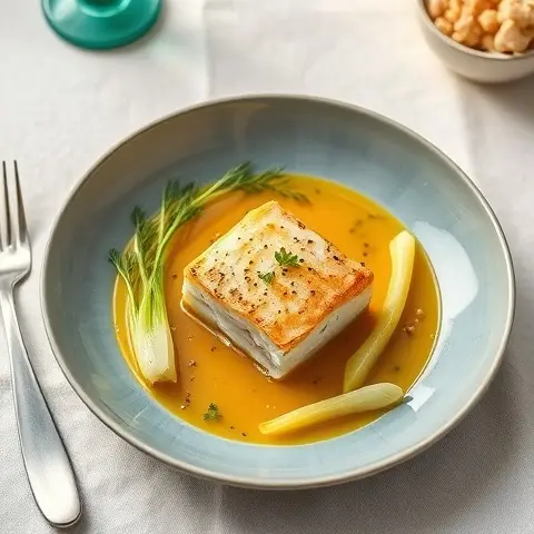 Saffron-Poached Cod with Braised Leek Tips and Fennel