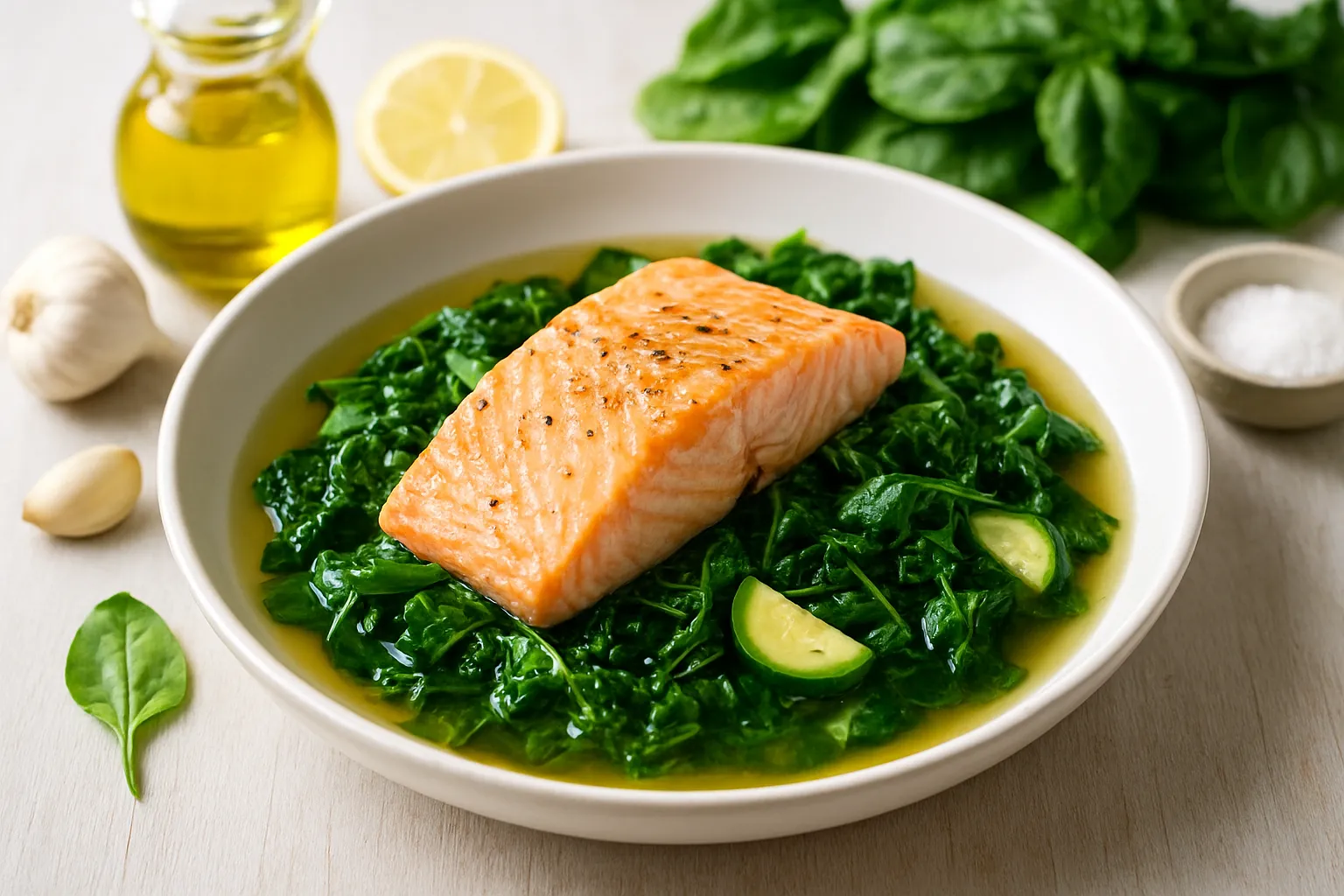 Bone Broth Greens with Poached Salmon