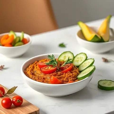 Tunisian Mechouia-Style Pepper-Tomato Dip with Cucumber Dippers