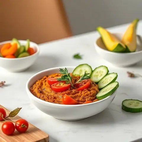 Tunisian Mechouia-Style Pepper-Tomato Dip with Cucumber Dippers